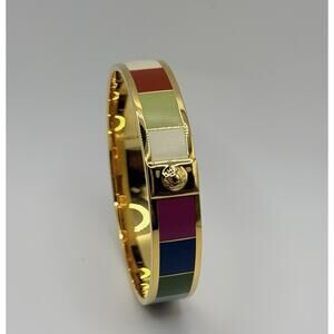 COACH Legacy Stripe Bangle 1/2” Wide Bracelet Gold Tone Multicolor 8.5” Inside